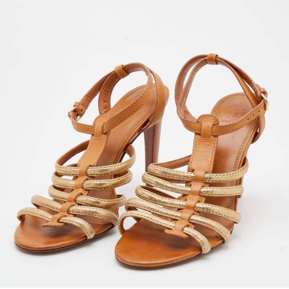 Tory Burch Size 8 Camel Tan and Gold Strappy Heels Metallic Leather Sandal Shoes - Picture 2 of 15